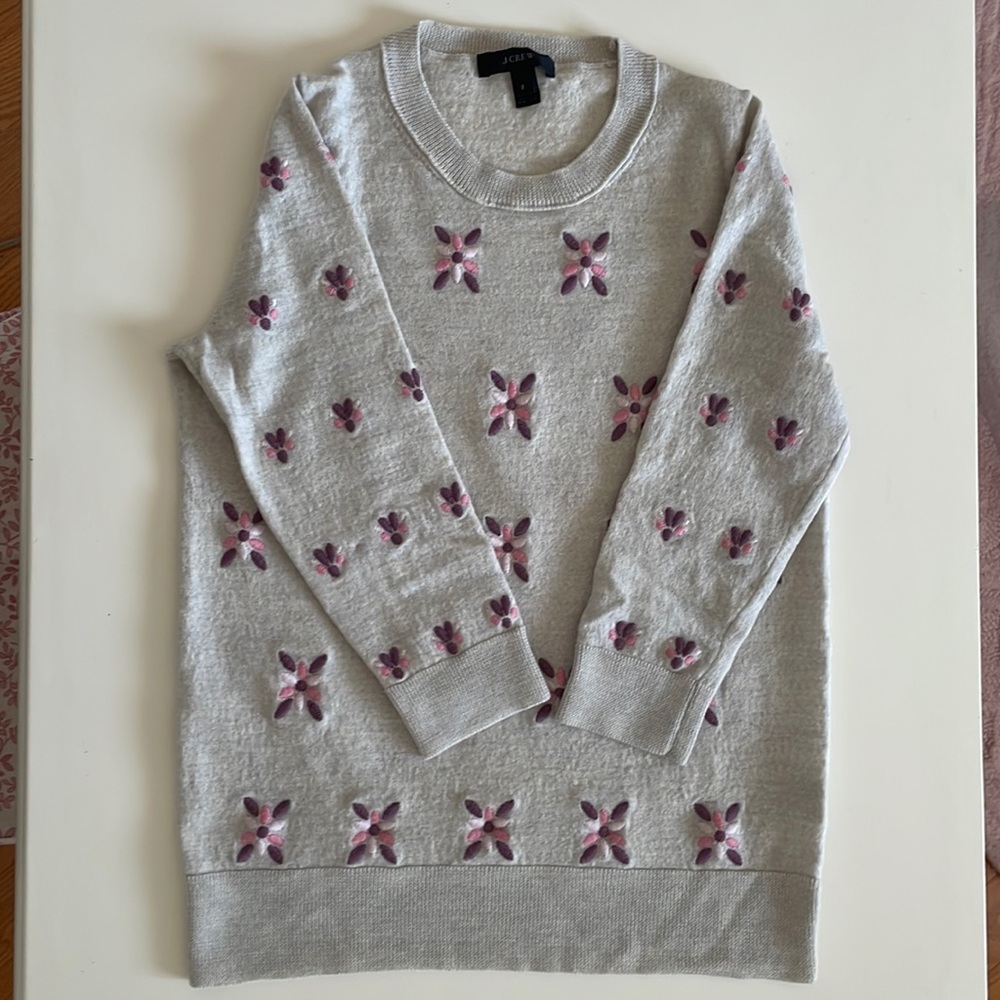 J. Crew 3/4 Sleeve Embroidered Merino Wool Sweater